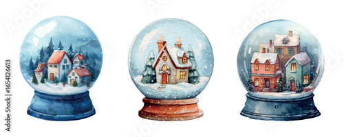 Set of watercolor toy snow globes. Glass ball on a stand with a winter landscape inside. Christmas and New Year decor. glass snow globe. Vector illustration.