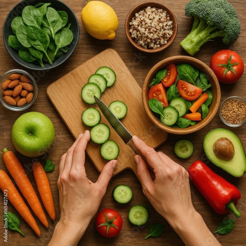 Fresh Vegetables and Fruits on Rustic Table