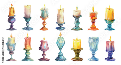 Large set of candlesticks with candles. Watercolor set of vintage various candlesticks with burning wax candles. Glass and metal candlesticks. Vintage light elements. Vector illustration.