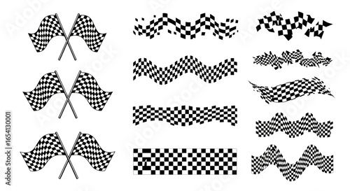 Set of checkered racing flags and finish line pattern design elements. Vector illustration collection for motorsport and competition concepts.