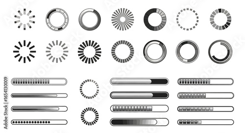 Vector collection of loading progress bars and circular preloader spinner icons. User interface elements for web and app design ltd eps.