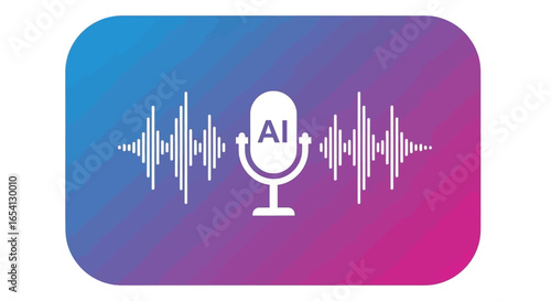 AI voice recognition technology concept with microphone icon and sound wave illustration on a colorful gradient background.