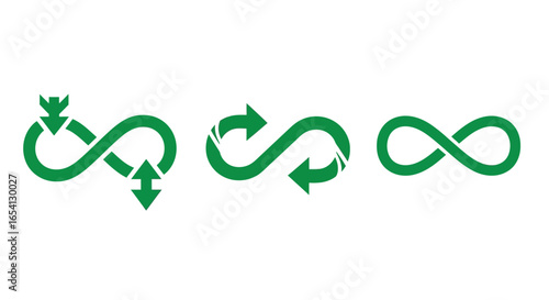 Abstract Green Infinity Icons Set Depicting Endless Loops, Reciprocal Flow, and Continuous Cycles. Vector Graphic for Sustainable Processes and Unlimited Concepts.