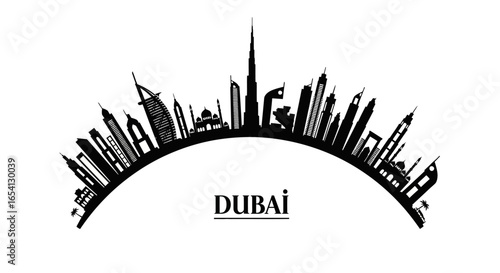 Dubai city skyline silhouette in a curved arch design. Vector graphic illustration of the famous cityscape with modern architecture isolated on a white background.