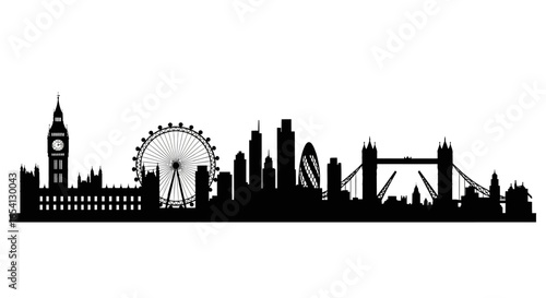 London England skyline silhouette vector illustration. Panoramic cityscape with famous landmarks for travel and tourism design element.