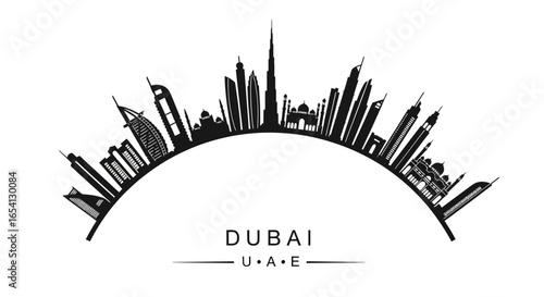 Striking Silhouette Vector Illustration of Dubai's Iconic Cityscape and Modern Architectural Landmarks, Capturing the Metropolitan Skyline for Travel and Urban Design Projects