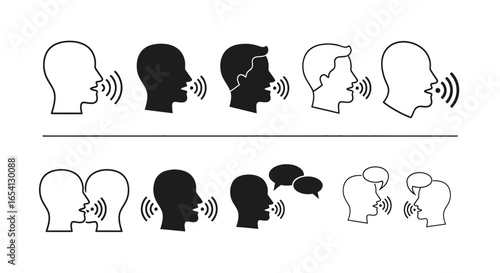 Communication Icons Talking Heads, Speech Bubbles, and Sound Waves