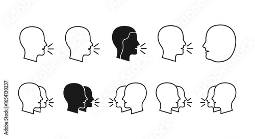 Icons representing communication and dialogue, with a focus on spoken words and conversation
