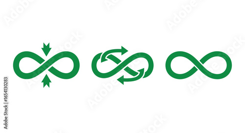 Abstract vector illustration featuring a trio of green infinity symbols, each uniquely designed to convey concepts of continuous flow, transformation, and perpetual cycles.
