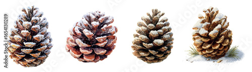 Set of Christmas tree cones sprinkled with snow png. Watercolor pine cones sprinkled with white snow. Decor for Christmas designs and Christmas trees. Christmas, New Year and winter elements.