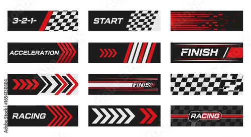Dynamic vector racing banner set with checkered flags, speed lines, and Start, Finish, Acceleration text. Graphic elements for automotive sports design.