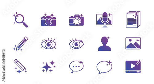 Gradient icon set with sparkle effect for technology and content creation, including camera, video, and AI symbols, vector graphic collection.