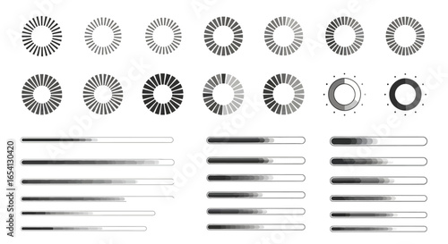 Vector illustration set of loading progress bars and circular buffering icons. UI UX elements for web design and application interface.
