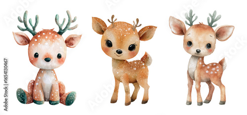 Watercolor set of cute deer. Baby deer with cute little antlers and cute face. Watercolor baby characters. Cute forest characters. Vector illustration.