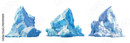 Set of watercolor ice bergs. Icy winter icebergs or mountains. Natural ice elements of winter, arctic and other cold seasons. Vector illustration.