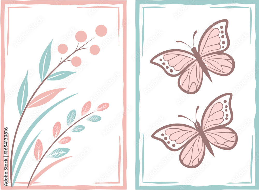 Fototapeta premium Botanical and Butterfly Pastel Vector Illustration Set. Floral Frames, Leaves Branches, and Decorative Elements for Nature, Wedding, and Design Projects