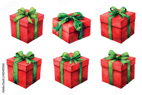 Watercolor set of red gift boxes. vintage red gift boxes tied with green ribbon with bow. Christmas retro gifts. vintage gift wrapping for Christmas.