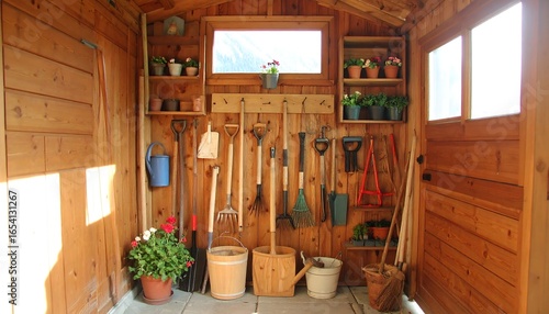 Cozy wooden garden shed interior with tools, plants, and natural light from windows