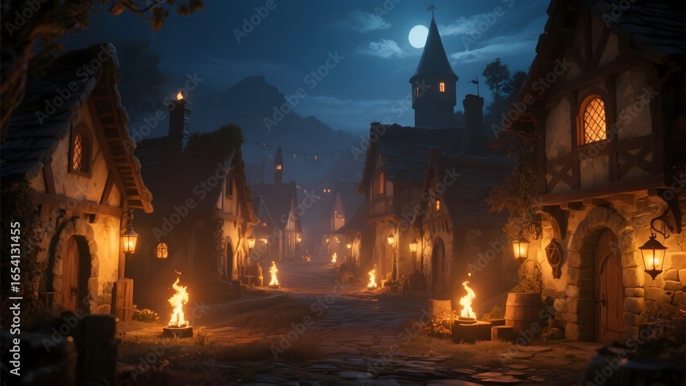 Obraz premium Medieval Village at Night with Illuminated Streets and Cozy Cottages