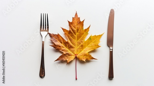 Maple Leaf with Fork and Knife on Plain Background, Autumn Theme