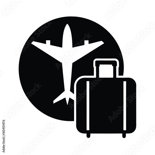 Vector art of a graphic icon featuring an airplane within a circle next to a suitcase, representing air travel