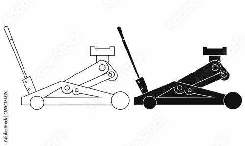Vector illustration of floor jack or hydraulic trolley jack or car jack icon set.outline and silhouette. Shows handle, lifting arm, saddle and wheels. Auto repair, garage tool, car lifting equipment.