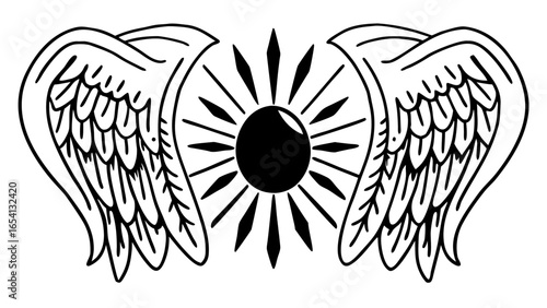 Illustration of wings on either side of a sun with rays emanating outward in black and white style "svg"
