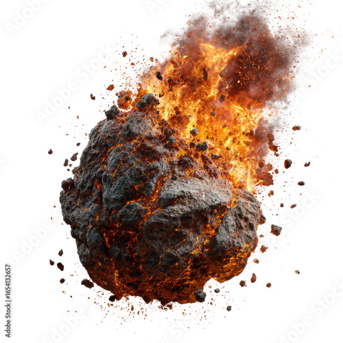 Fiery asteroid explosion on transparent background