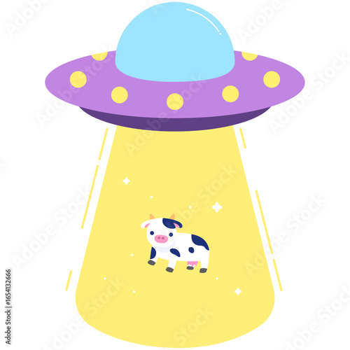 Cute cartoon illustration of a UFO abducting a cow with a light beam. A whimsical extraterrestrial encounter in a flat vector style.