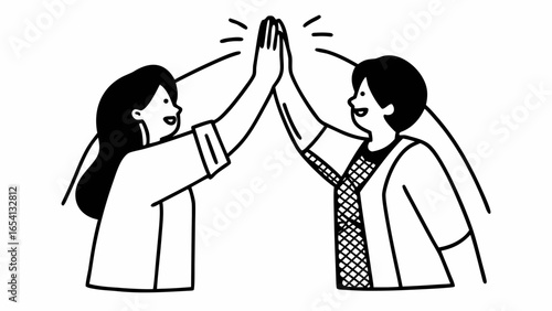 Two people giving a high five in a black and white illustration with a positive and collaborative theme "svg"