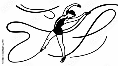 Illustration of a rhythmic gymnast in a leotard performing with a ribbon in a dynamic pose gracefully "svg"