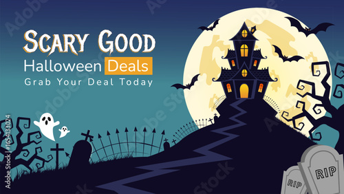 Spooky Halloween social media banner with bats, pumpkins, and ghosts. Designed for Instagram, Facebook, TikTok, Pinterest ads.
