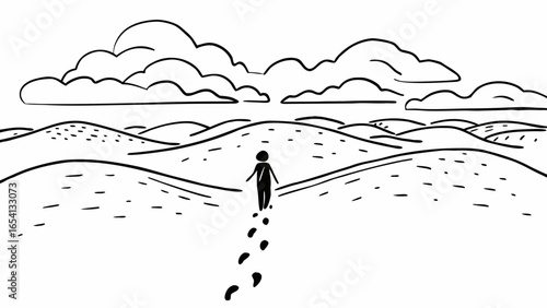 Illustration of a person walking away on a landscape with clouds and footprints in black and white "svg"
