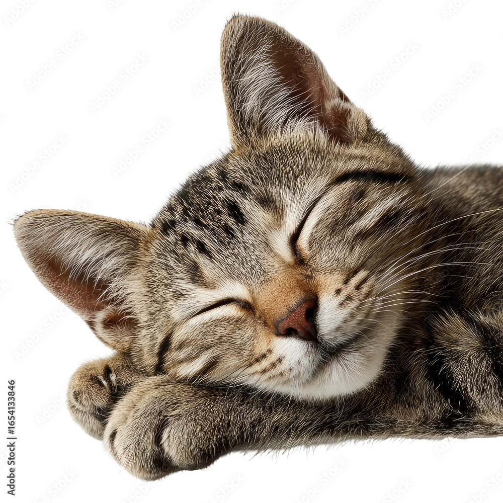 Fototapeta premium Tabby kitten sleeps peacefully indoors, close-up