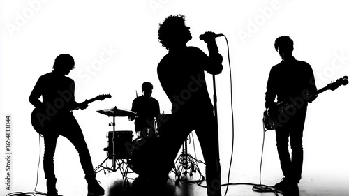 Band performing on stage silhouette against white background
