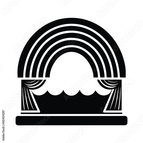 Vector art of stylized black and rainbow arch over a stage with curtains, isolated