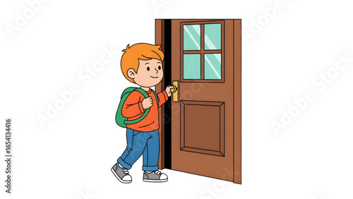 Cartoon boy opening wooden door with backpack  child entering home Schoolboy opening front door — casual outfit cartoon 