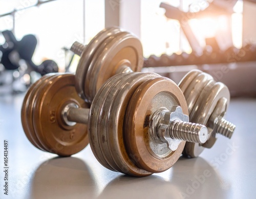 Heavy dumbbells resting on gym floor under dramatic spotlight.