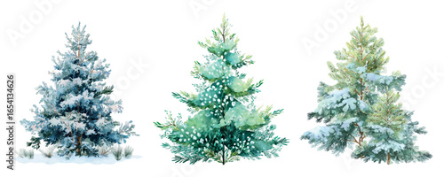 Watercolor set of green Christmas trees covered with snow. Snow-covered coniferous trees. Forest and park coniferous trees in winter. Winter trees. Vector illustration.