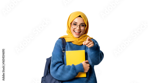 standing girl wearing a hijab and  pointing her finger to front  while holding a book in her hand, and carrying a bag over her shoulder isolated transparent background Modern Muslim Student 