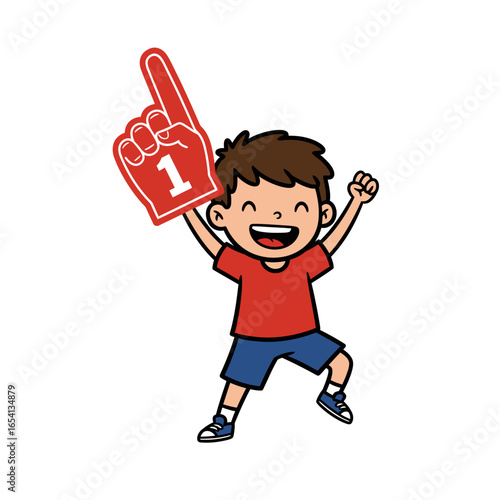 Excited Boy Cartoon Character Holding a Red Number One Foam Hand Sign.