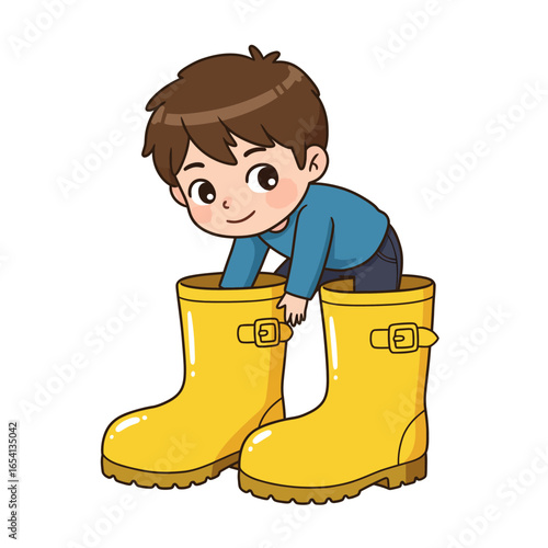 Cute cartoon boy with brown hair smiling while playing inside oversized yellow rain boots.