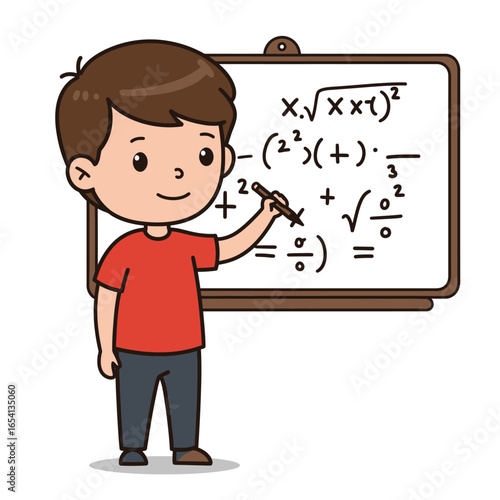 Cute cartoon boy with brown hair solving a complex math equation on a whiteboard smiling confidently.