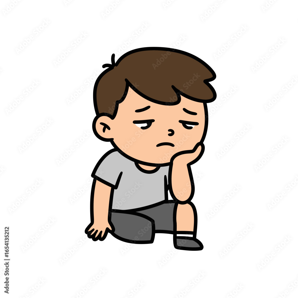 Dejected cartoon boy with brown hair sitting alone looking sad and bored. Dejected cartoon boy with brown hair sitting alone looking sad and bored.