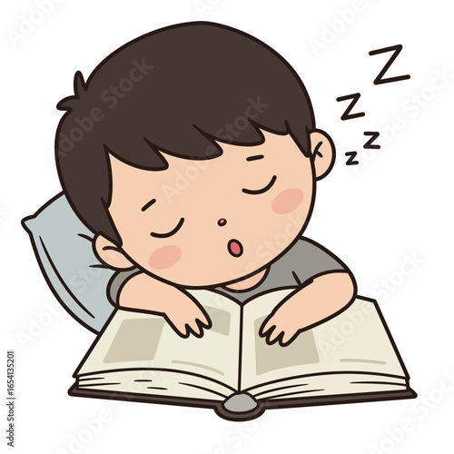 Cute cartoon boy with dark hair and rosy cheeks falls asleep on an open book while studying.