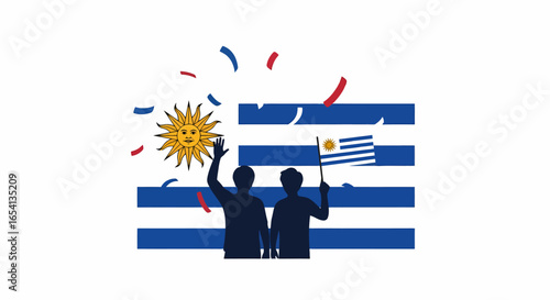 Silhouette figures celebrate Uruguay's flag with confetti and a smaller flag, representing national pride.