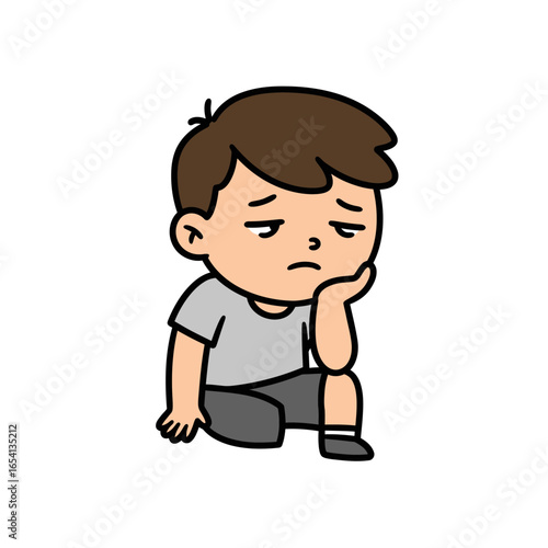 Dejected cartoon boy with brown hair sitting alone looking sad and bored.
