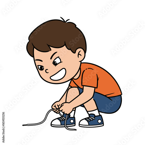 Determined cartoon boy with brown hair crouching to tie his blue sneakers.