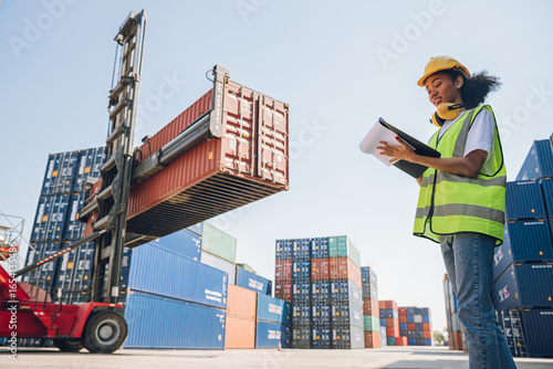Fotografía Women work container port, Customs at container yard manage,Cargo Import Export