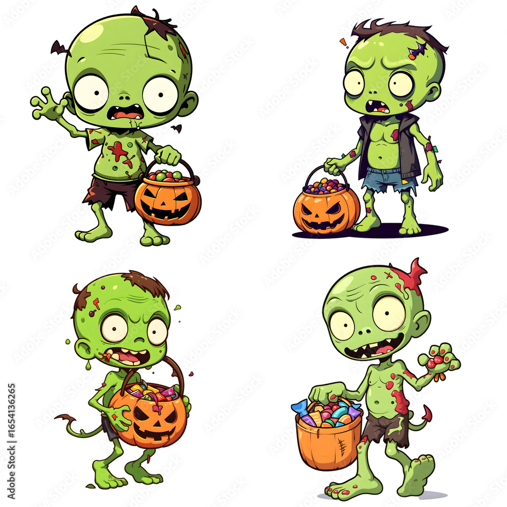 Fototapeta premium Funny Green Zombie Holding Halloween Treats